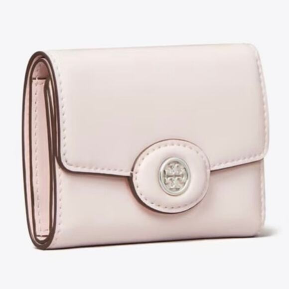 NEW Tory Burch Small Robinson Spazzolato Wallet Powder Pink Patent Leather - Picture 2 of 14